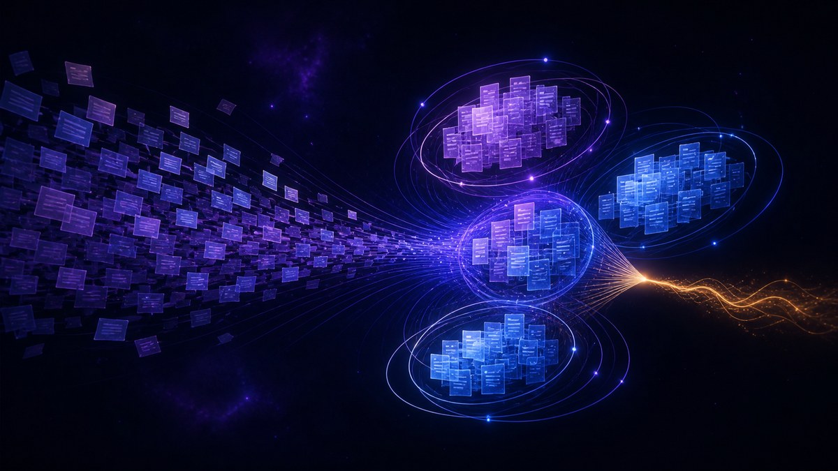 Hundreds of note fragments organizing themselves into overlapping clusters