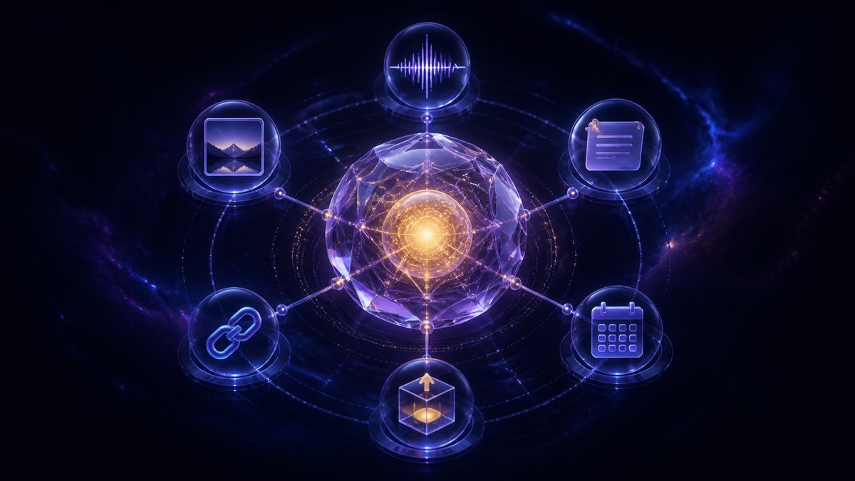 A crystalline memory core connected to voice, photo, calendar, source, and export symbols