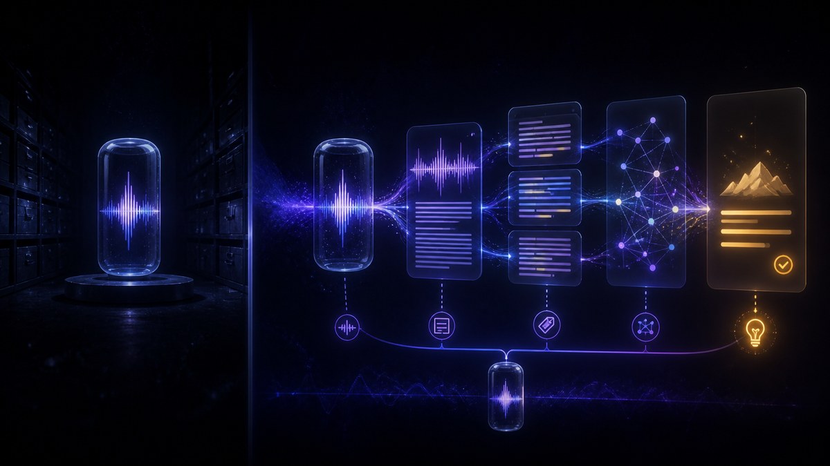 An isolated recording compared with searchable audio and connected notes