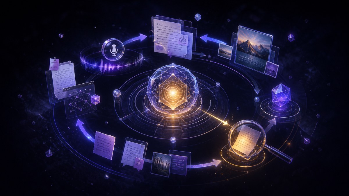 Notes, voice recordings, and photos orbiting a personal knowledge core